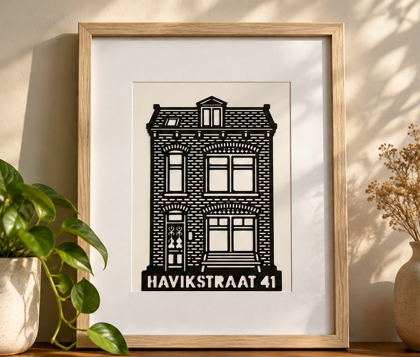 Gepersonaliseerd kunstwerk van Havikstraat 41 in een naturel houten lijst, in een interieur